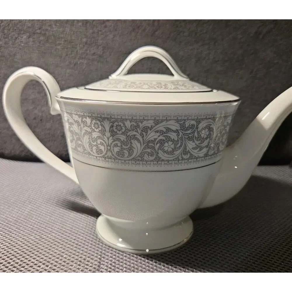 Noritake China Naples 6975 Tea Pot Sugar Bowl And Creamer White Gray Trim